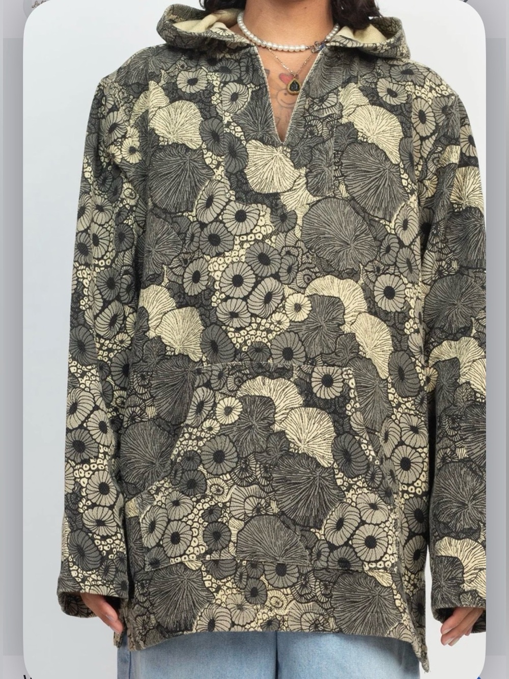 Lakhays Wild Mushroom Print Gray tones Baja Pocker Front Pullover Unisex Hoodie
